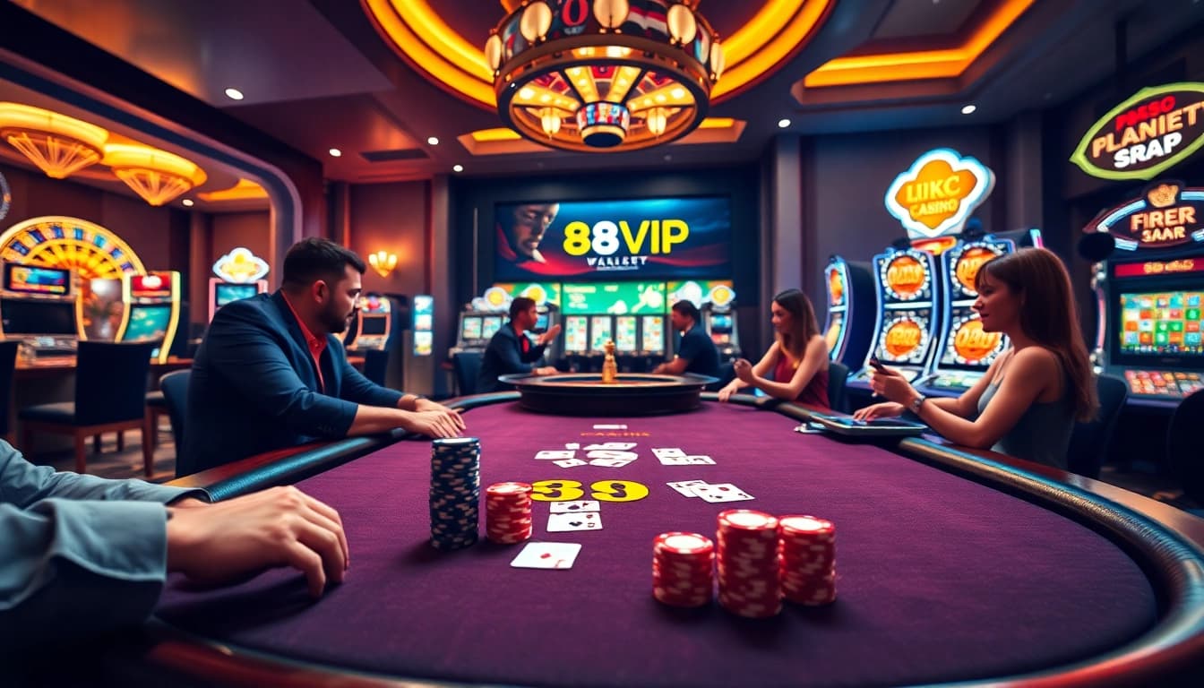 Experience the thrill of 68VIP online gambling with vibrant poker and roulette scenes.