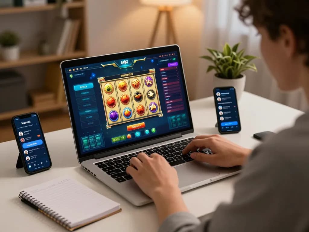 Engage with kdslot game on laptop, player in home setup, showcases dynamic online gambling atmosphere.