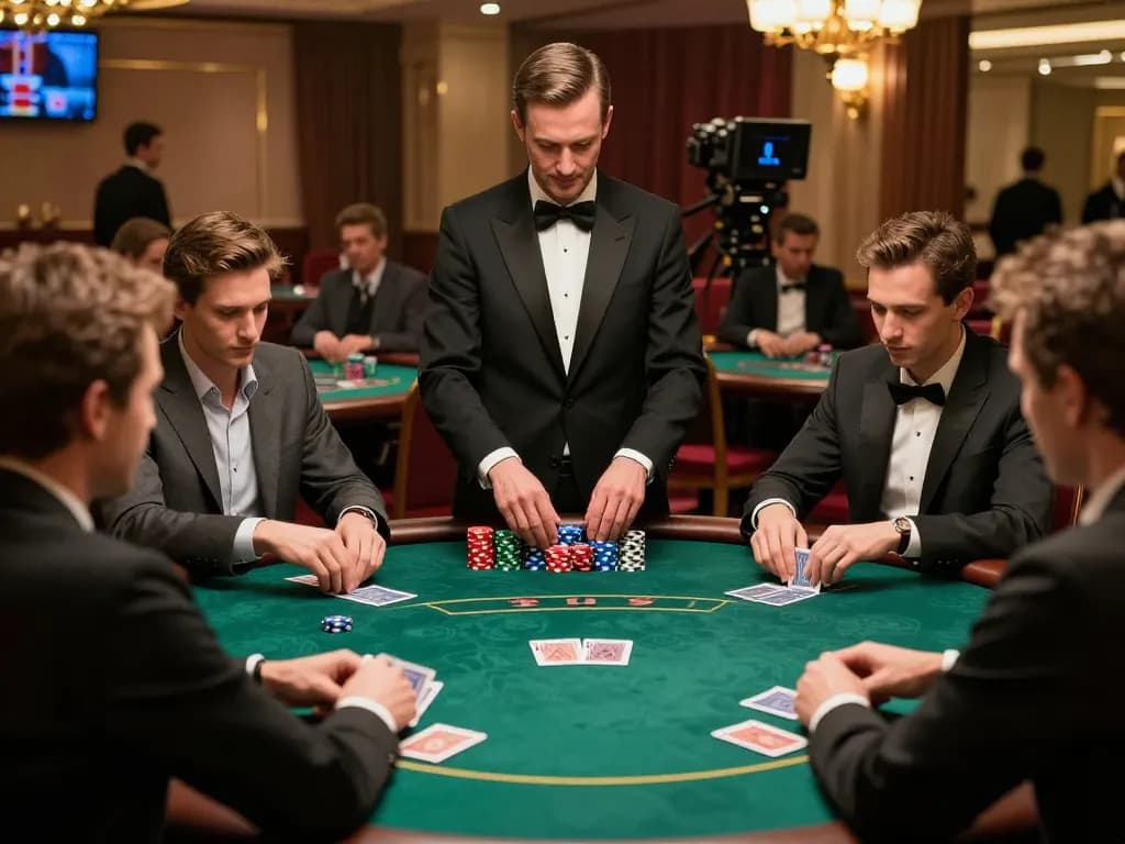 KONG88 players engaging in a high-stakes poker game with dynamic gameplay, vibrant atmosphere, and professional dealer shuffling cards.