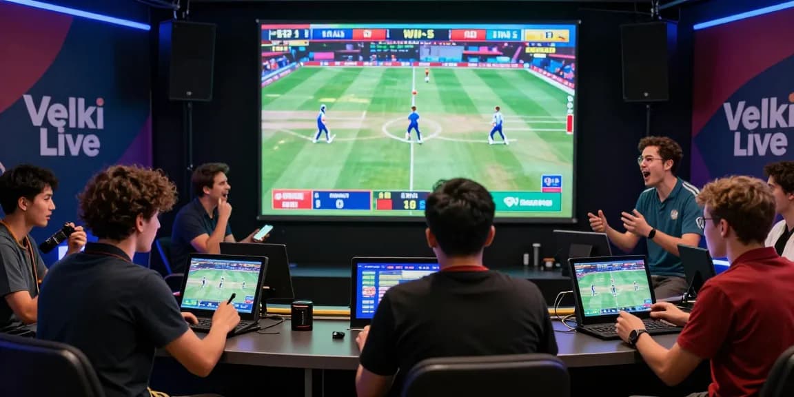 Thrilling sports betting scene showcasing Velki Live with enthusiastic participants engaged in cricket and football betting.
