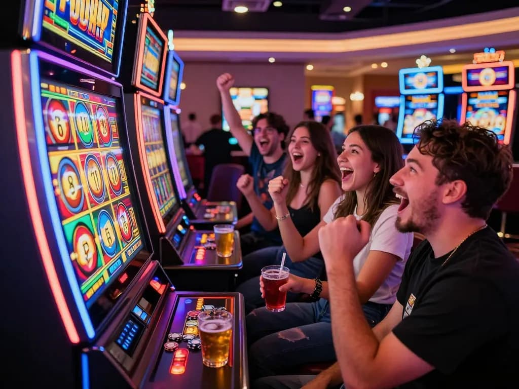 Players celebrating a big win on the Lucky 88 slot machine in a vibrant casino atmosphere.