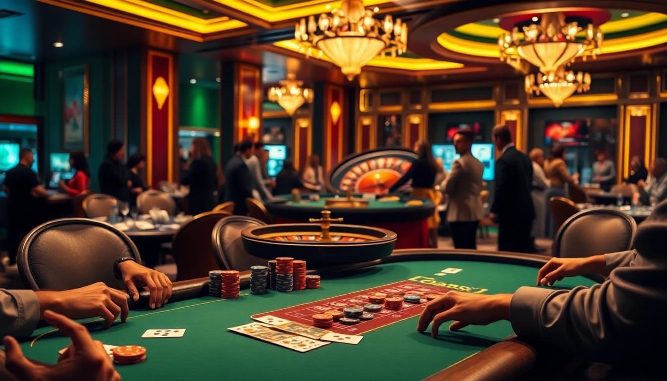 Exciting Hitclub casino scene with players at a poker table and roulette wheel in vibrant atmosphere.
