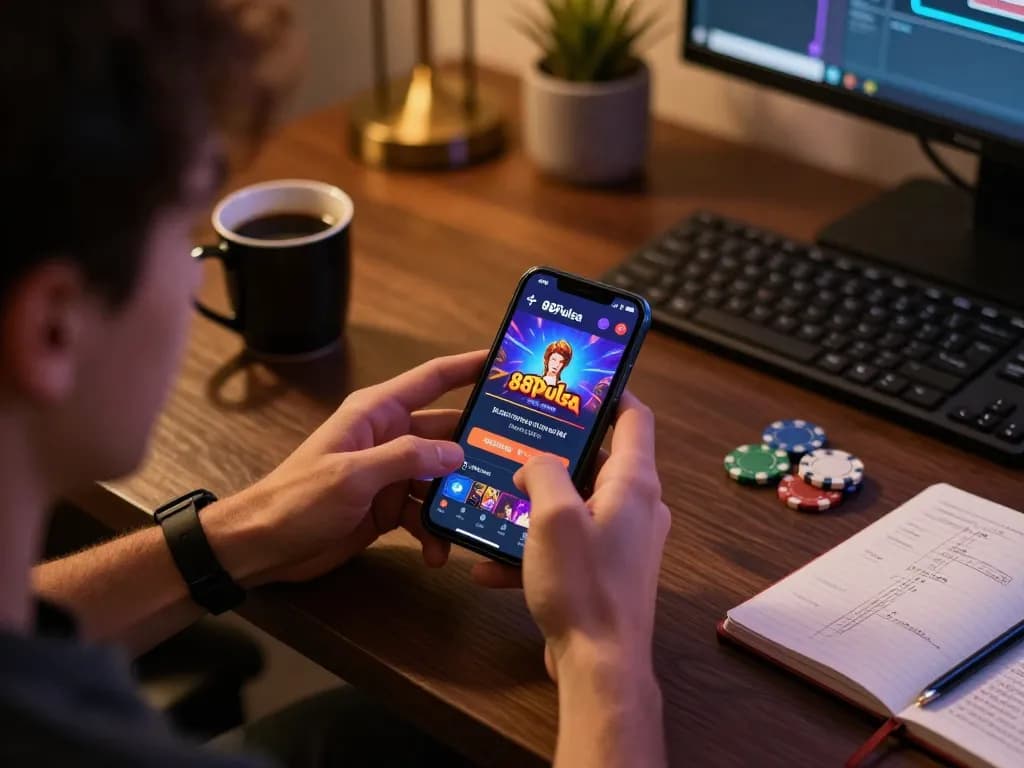 Pemain yang terlibat menikmati aplikasi kasino 88Pulsa sambil menganalisis catatan strategi di smartphone mereka.
