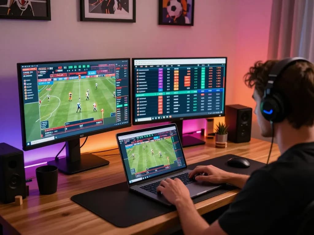 Placing bets on kèo nhà cái using a laptop with live odds and sports events displayed