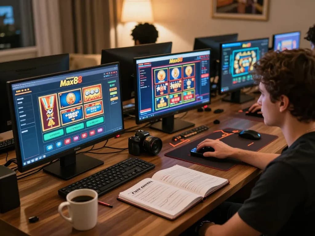 Max88 player enjoying online casino gaming with multiple screens and strategy notes.