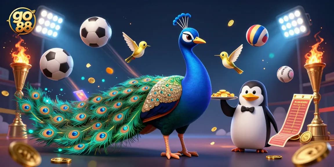 Experience dynamic sports betting with go 88 featuring a lavish peacock, a butler penguin, and golden elements.
