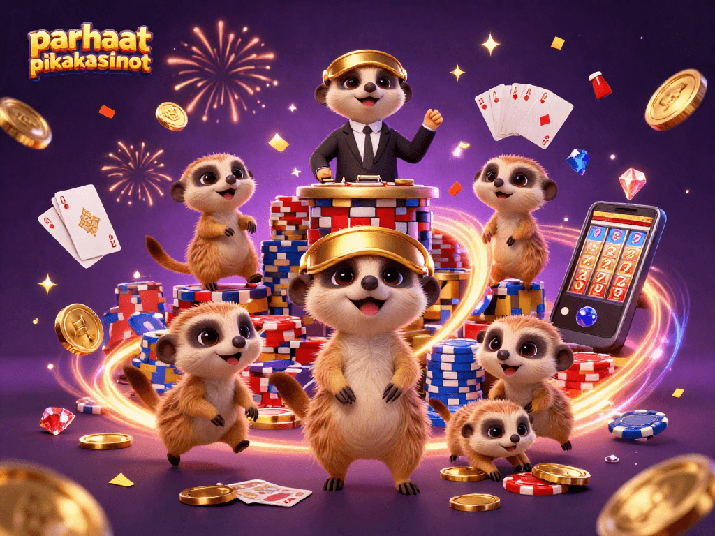 Engaging meerkats operate a vibrant casino; parhaat pikakasinot depicted with excitement.