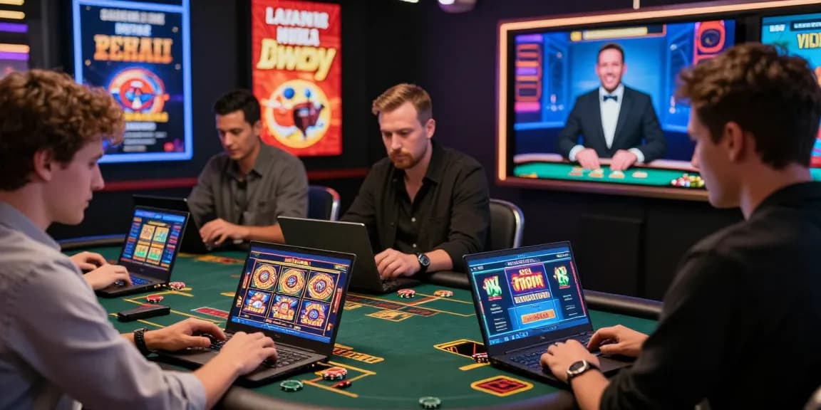 Players enjoying rokok88 online casino games on laptops and smartphones in a vibrant, modern setting.