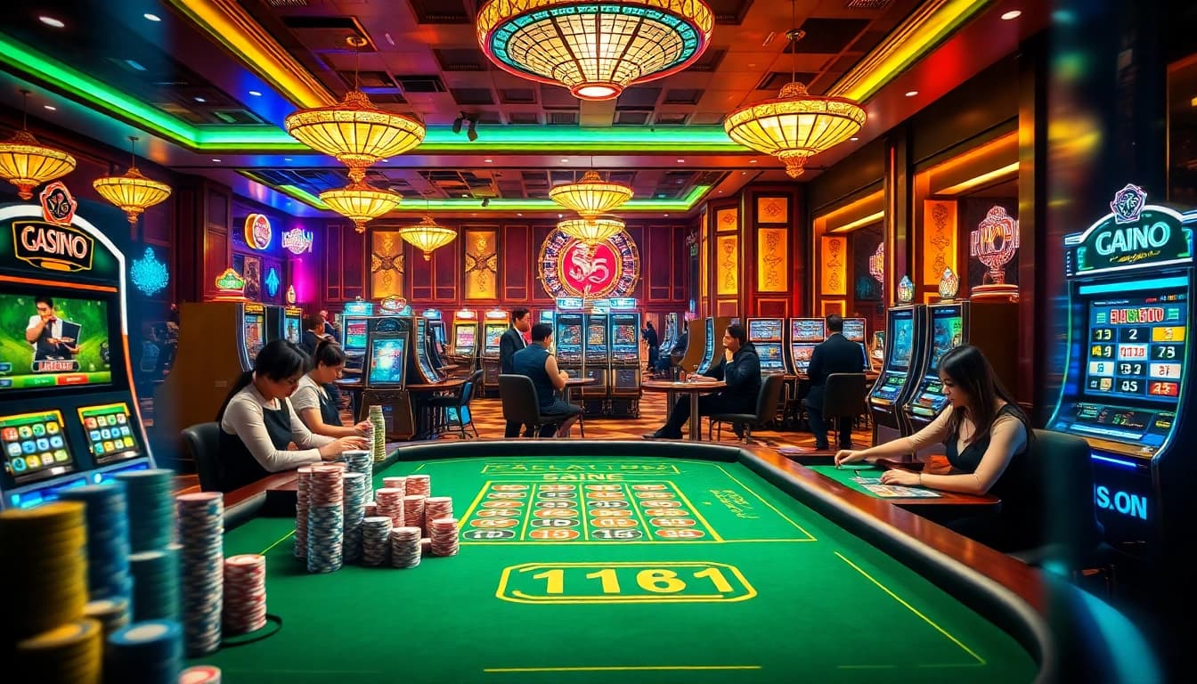 Enjoying intense gameplay at 68 game bài casino, with players focused on vibrant tables and thrilling slots.