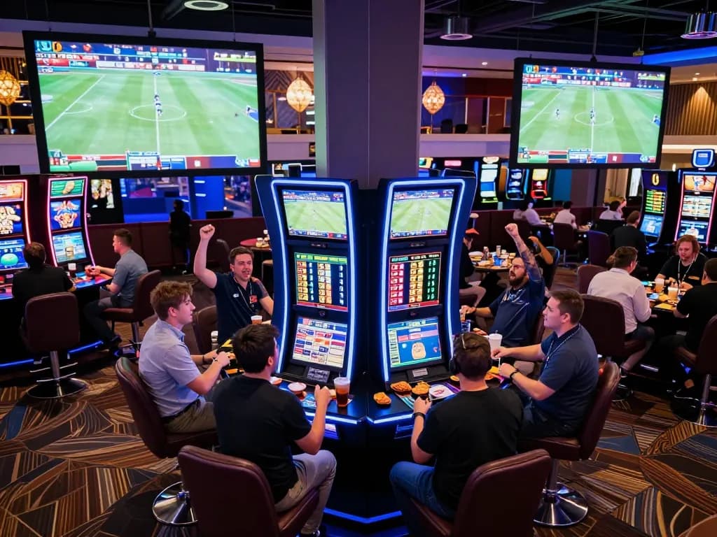 Nagawon daftar as bettors engage with live sports betting screens in an exciting casino environment.