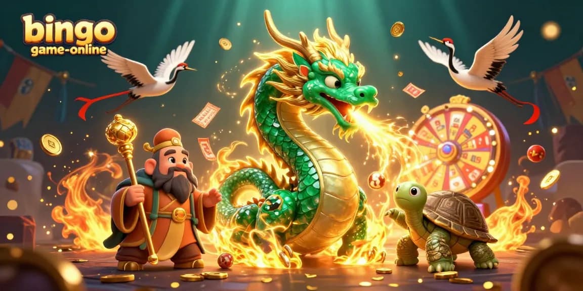 Engage in thrilling gameplay at bingo-game-online with a vibrant dragon and lucky turtles.