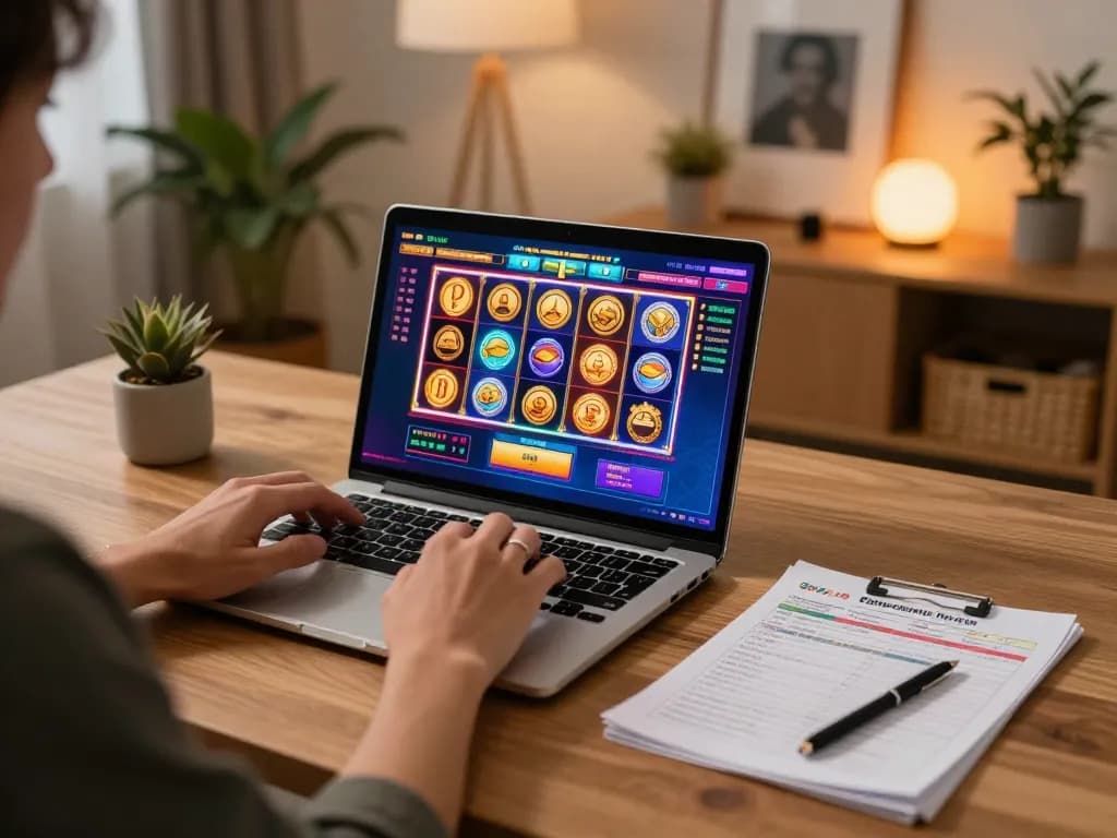 Engaging in slot gameplay online with colorful interface and personal strategy notes nearby