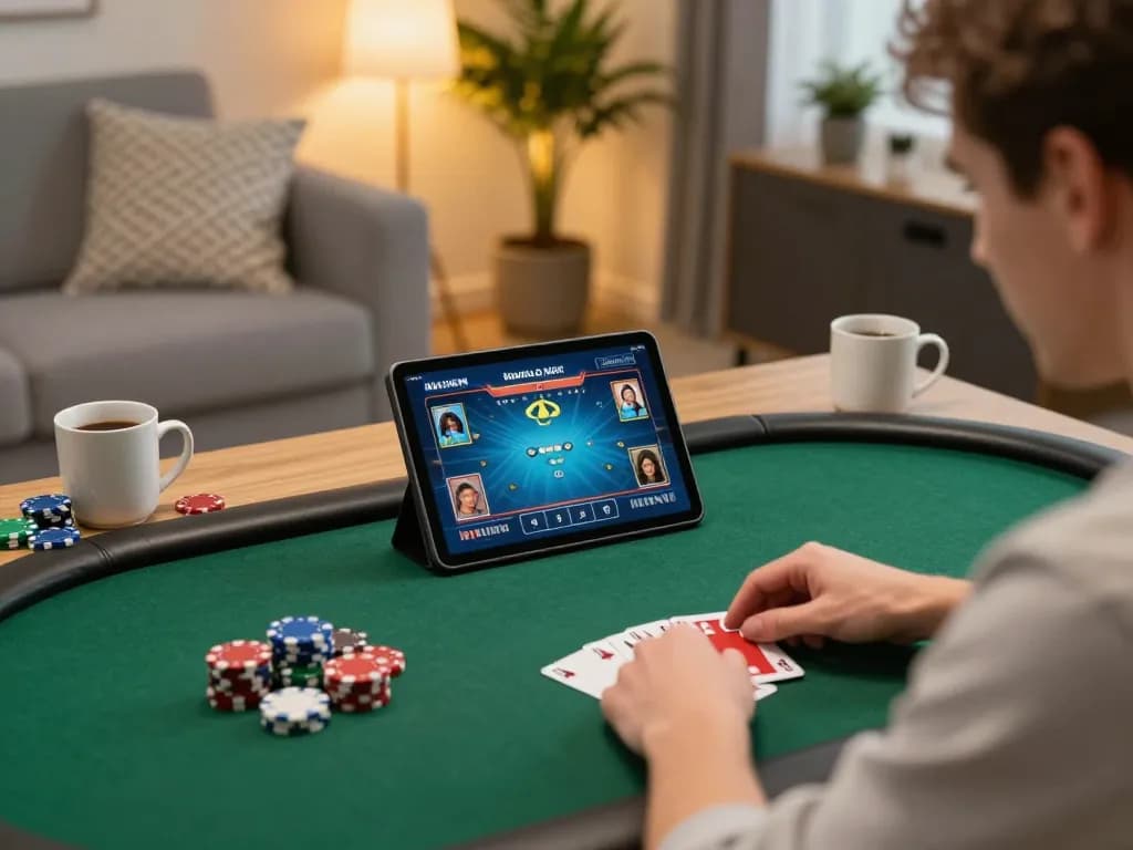 A player enjoying online poker on 88xx tablet, surrounded by cards and chips in a cozy living room.