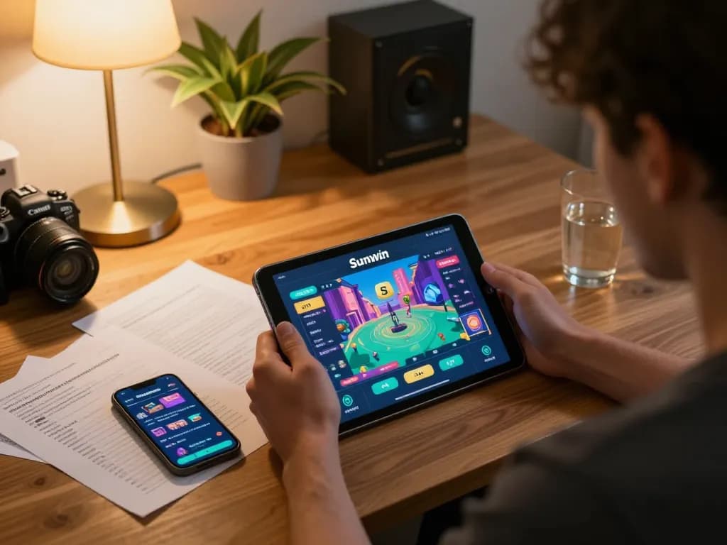 Player analyzing strategies on Sunwin app while enjoying a cozy home gaming atmosphere.