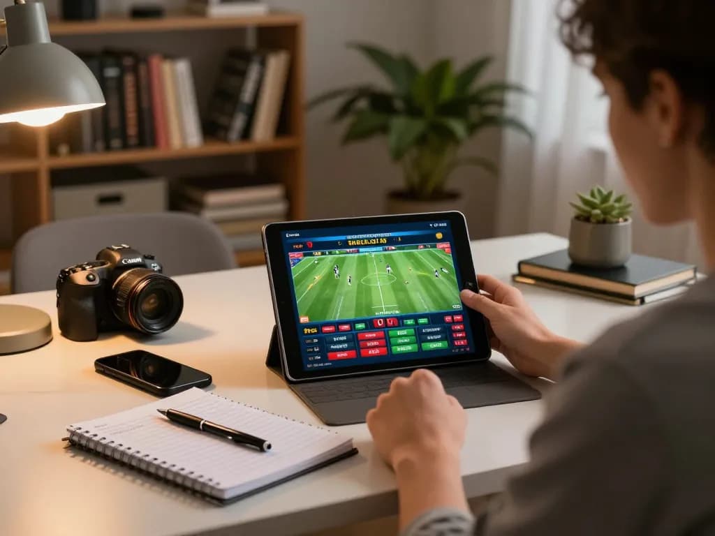 Person using 9bet app for sports betting, showing engaging live odds on a stylish desk.
