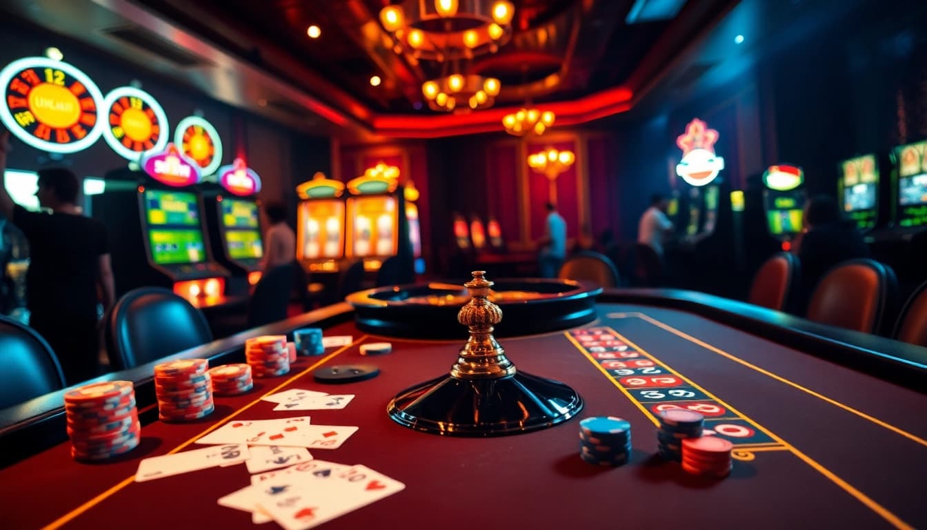 Gamblers engage in thrilling action at juragan77's luxurious casino table with poker chips and vibrant cards.