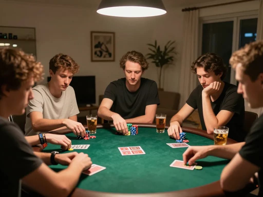 Friends playing poker at home with GI8 branding visible, showcasing social gambling dynamics.