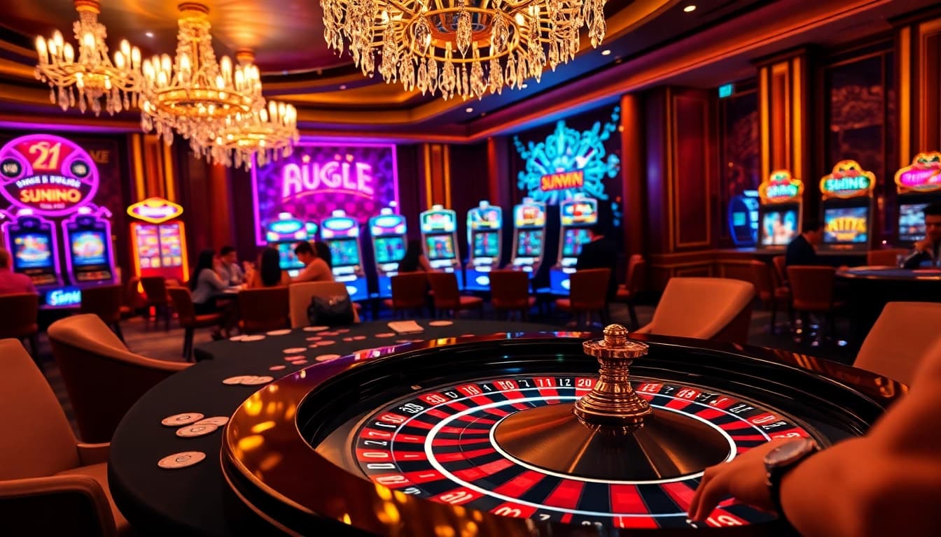 SUNWIN casino scene featuring vibrant roulette wheel and engaged players at poker table.