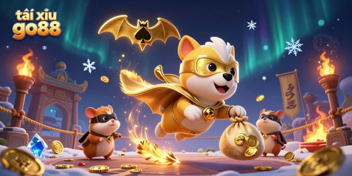 Engage with tài xỉu go88 as a superhero dog flies with gold coins in a dynamic casino scene.