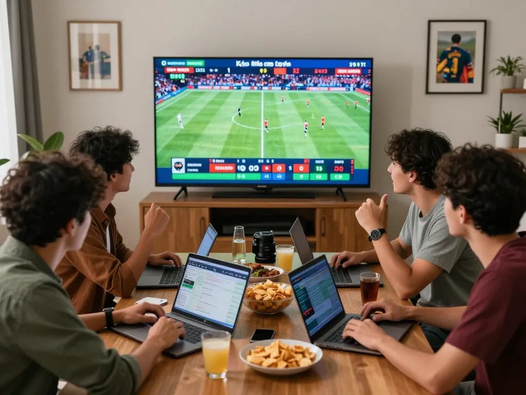 Kèo nhà cái excitement during a live football match with friends, showcasing dynamic sports betting interactions.