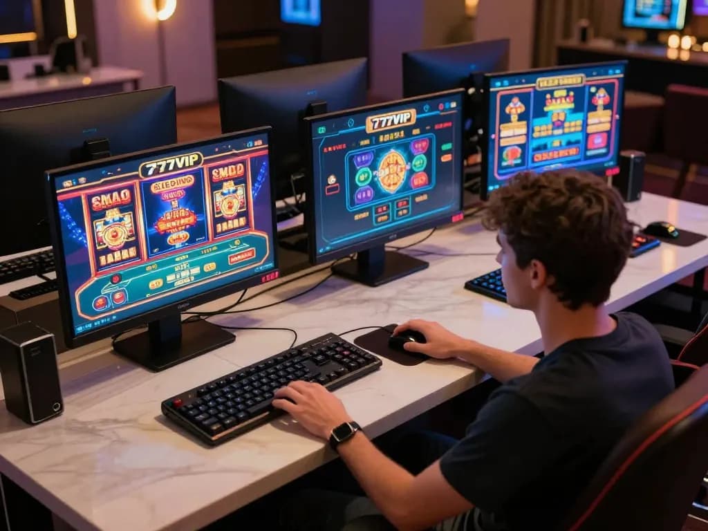 Player enjoying a vibrant 777VIP online casino experience on multiple screens with thrilling game displays.