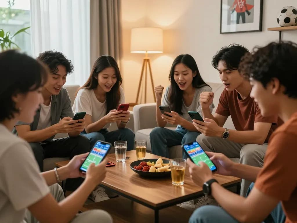 Group of friends analyzing kèo bóng đá trực tuyến while celebrating a winning bet in a cozy living room