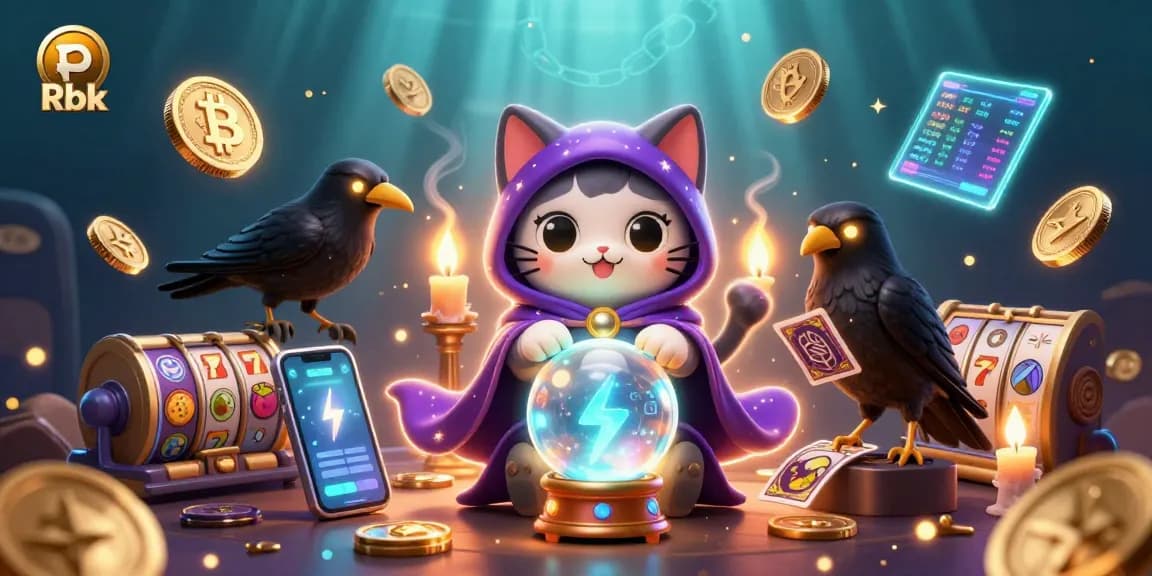 Engage with Rbk's captivating 3D fantasy illustrating a mystical casino scene filled with vibrant characters and crypto elements.