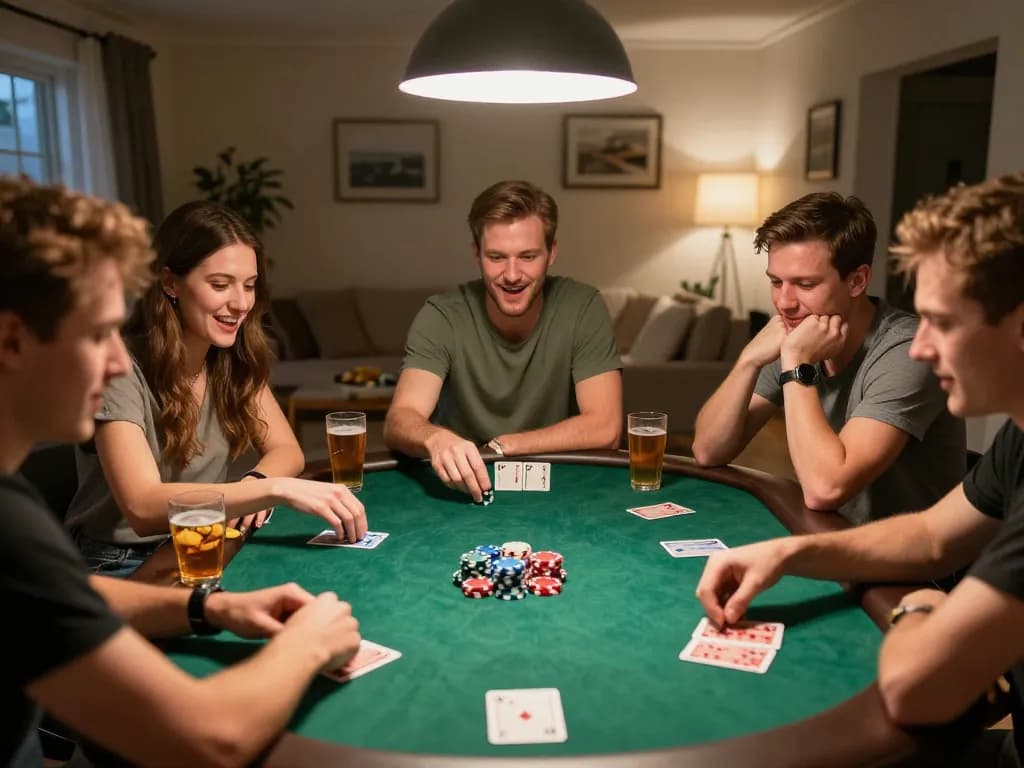 Friends enjoying a competitive poker night while playing at home with 777vip cards and colorful chips.