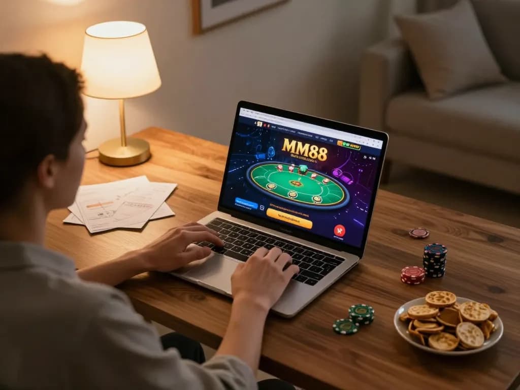 Engaging player enjoying MM88 online casino gaming on laptop with warm home ambiance.