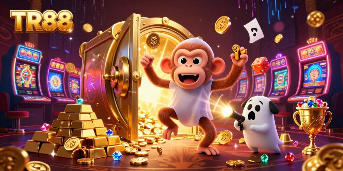 Experience the thrilling TR88 casino with a playful poltergeist monkey juggling while a curious puppy tracks its treasures.