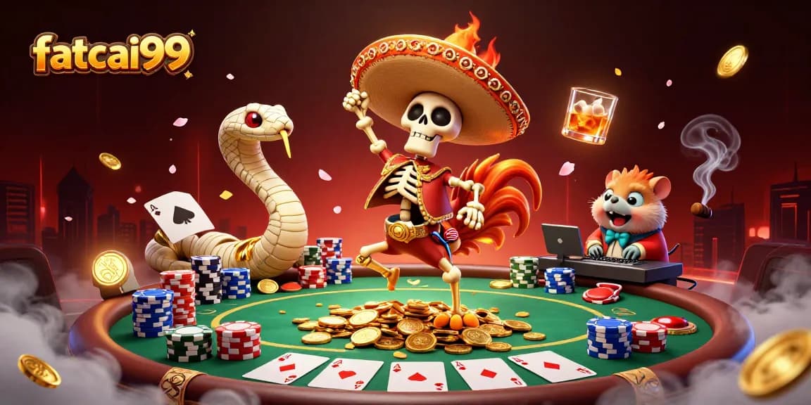 Join the fun at fatcai99 with unique characters celebrating wins at an exciting poker table