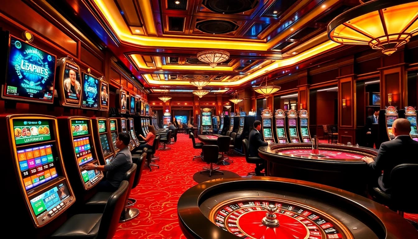 Excited gamblers enjoying a high-stakes game at a luxurious casino showcasing lego138 themed slot machines and vibrant roulette tables.