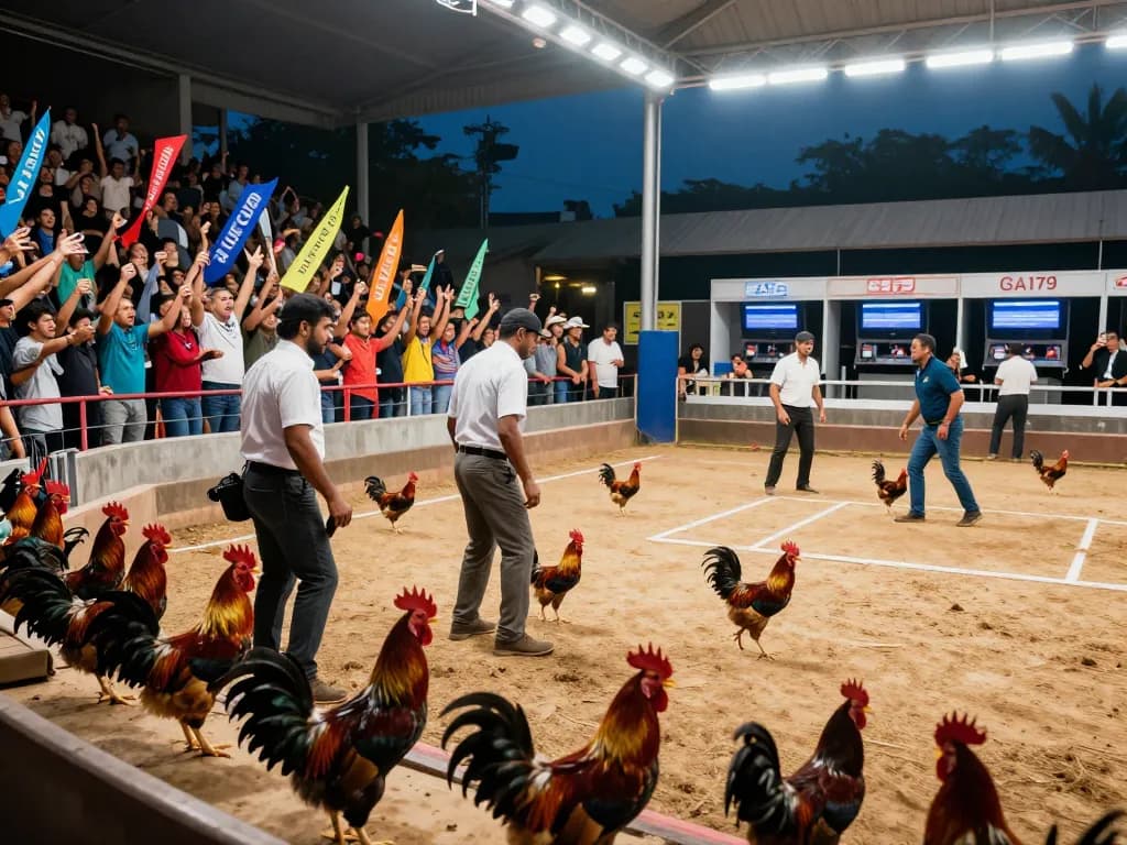 Exciting GA179 cockfighting event with enthusiastic spectators and vibrant roosters