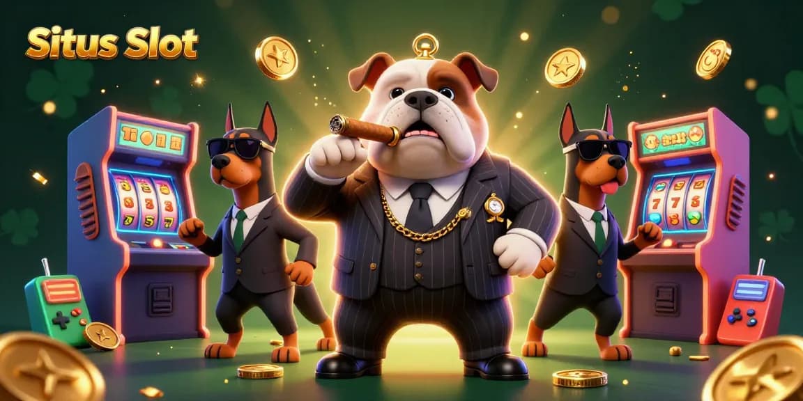 Experience winning thrills at Situs Slot with a roaring bulldog and bodyguards in a rich casino scene.