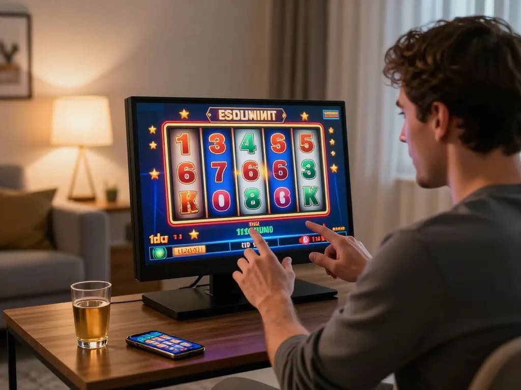 Excited player engages with RR88 mobile slots at home, showcasing vibrant game interface.