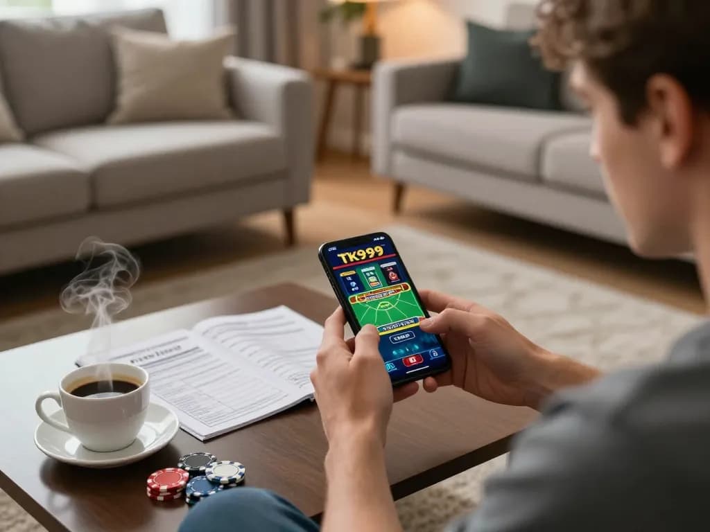Player engaging with TK999 mobile app in a cozy home setting, strategizing with coffee and notes.