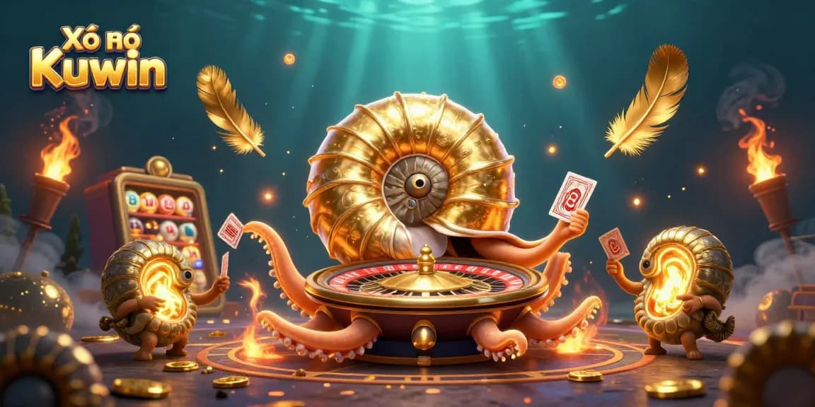 Xổ số Kuwin excitement portrayed in a vivid lottery scene with a giant nautilus and glowing ammonites.