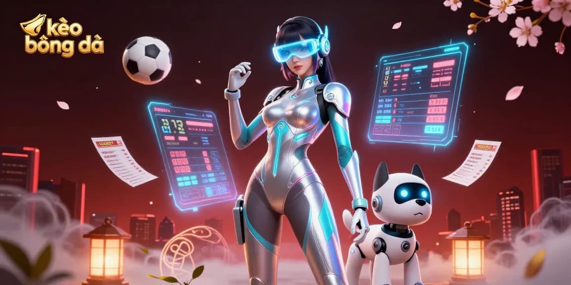Place bets on kèo bóng đá with a vibrant scene showcasing a futuristic woman, robot dog, and sports elements.