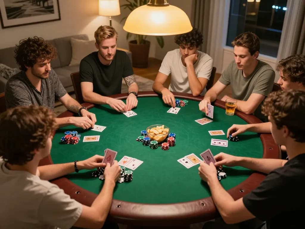 Players engaging in an exciting home poker game at BK33 with visible cards and chips