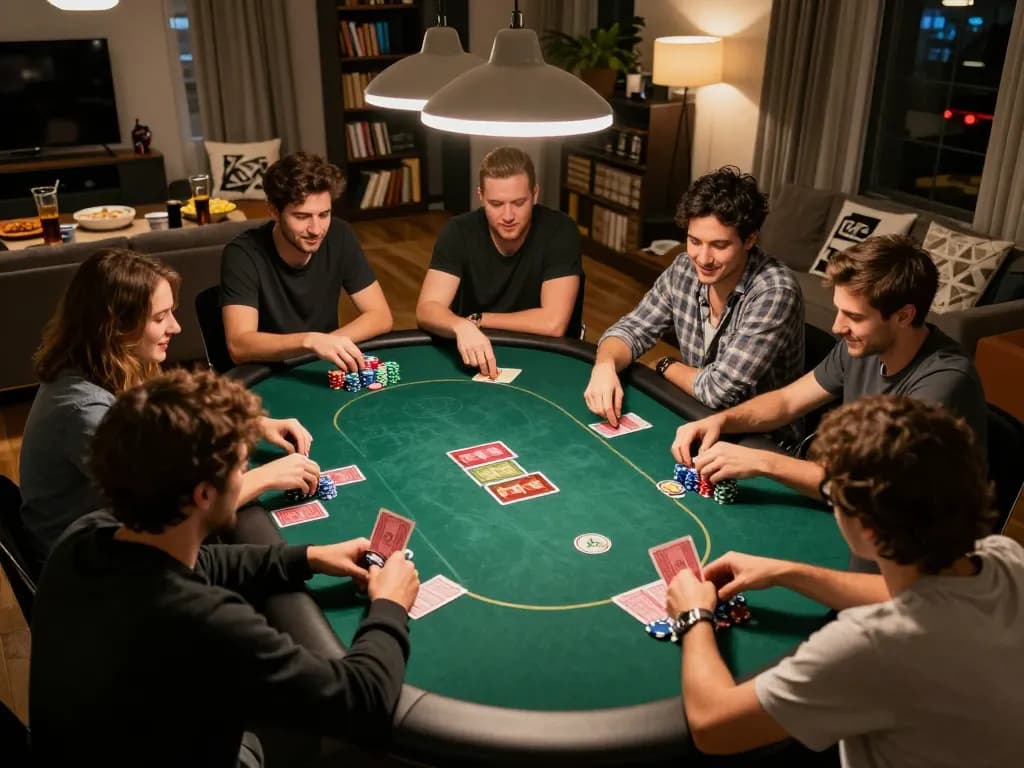 Friends enjoying a game of poker at home celebrating their wins with Jun88's dynamic atmosphere