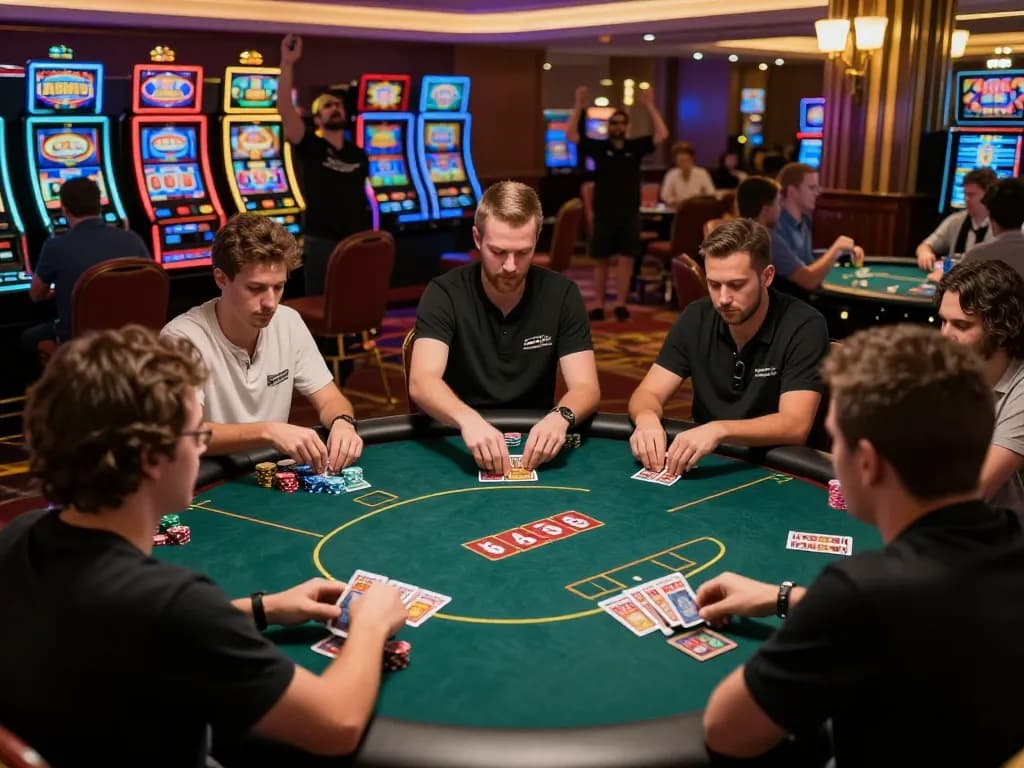 Players showcasing skill in a poker game at 99Win casino, with dynamic action and vibrant atmosphere.