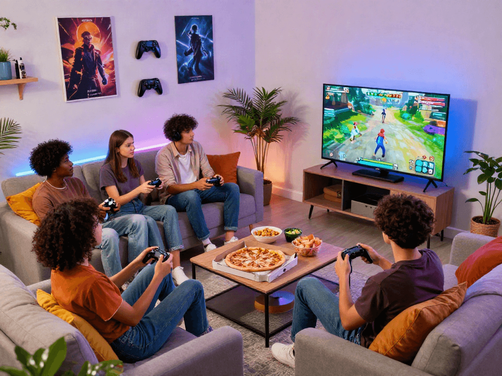 Kelompok teman sedang bermain game online luxury111 di ruang tamu yang nyaman dan cerah.
