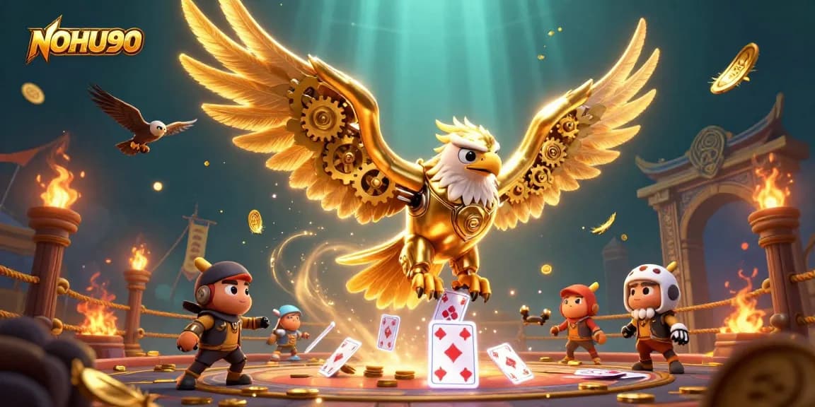 Engage with NOHU90's exciting world of online gaming featuring a golden eagle amidst thrilling holographic cards.
