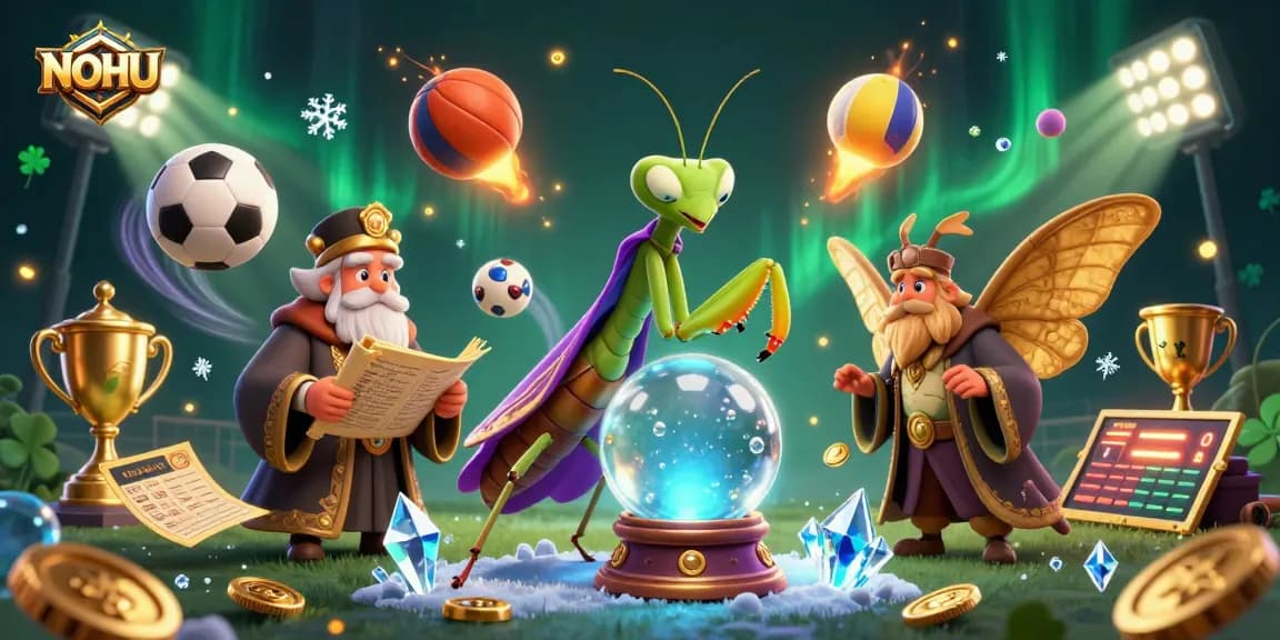 Engage with the mystical NOHU scene featuring a fortune teller with crystal ball, lively sports elements, and vibrant colors.