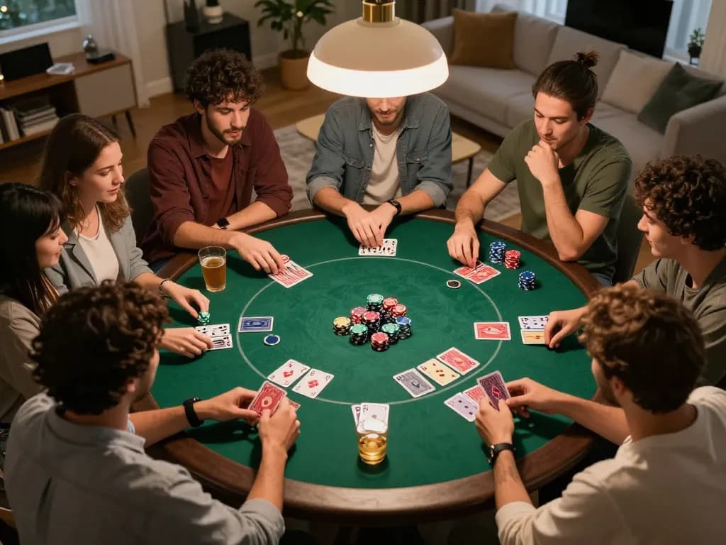 Friends engaging in a game bài around a poker table during a home game night, showing excitement and strategy.