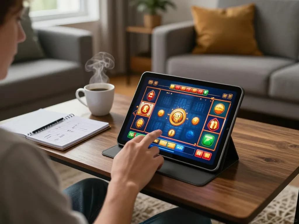 Berinteraksi dengan slot online jus77 di tablet di ruang tamu yang nyaman dengan catatan strategis.