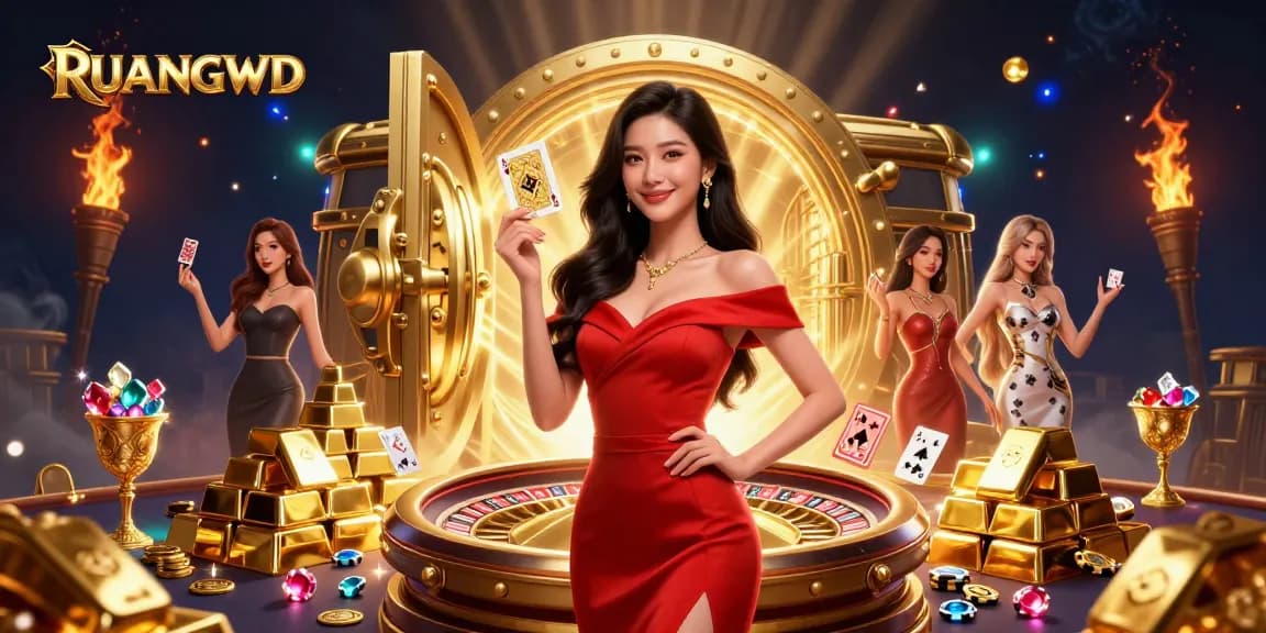 Spin and win with RUANGWD, showcasing a vibrant casino scene with a beautiful woman holding a playing card.