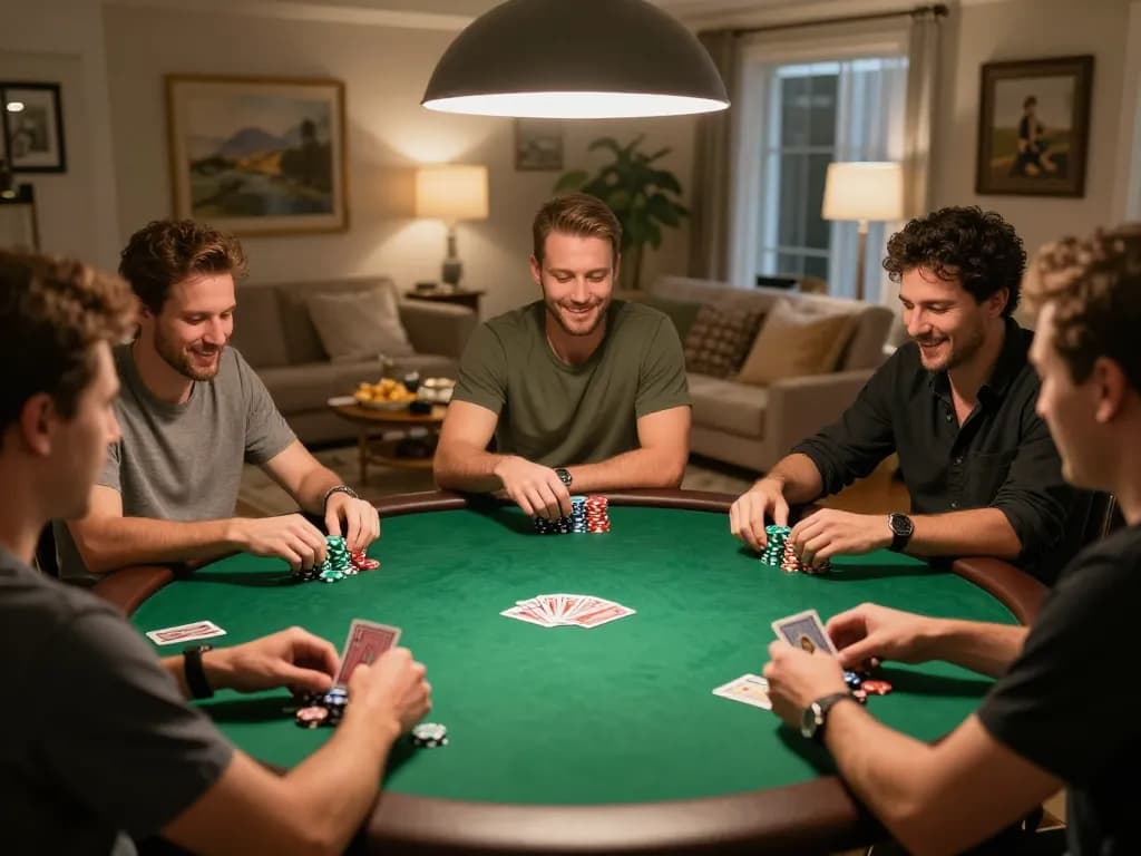 Players enjoy poker at home, showcasing XX88 action and excitement during friendly game night.