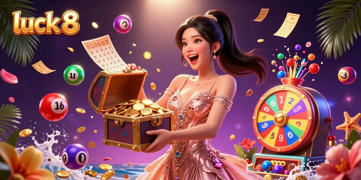 Experience luck 8 with a dazzling casino scene filled with vibrant lottery balls, treasure, and joyful excitement.