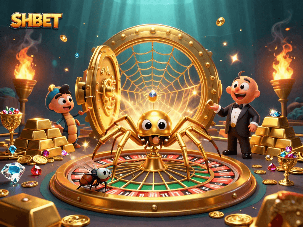 Experience SHBET's vibrant gambling world with characters surrounded by golden treasures and immersive casino elements.